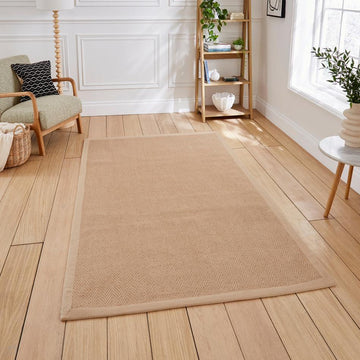 Portland Jute Cotton Border Modern Plain Hand-Woven Textured Herringbone Flatweave Natural/Soft Beige Rug-Think Rugs-Rug Love - The Most Loved Rug Store
